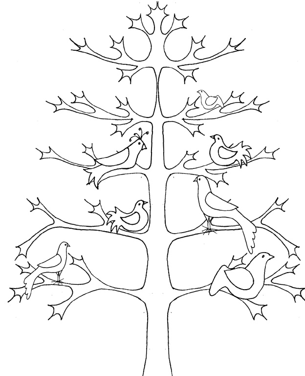 coloriage d'un arbre de vie graphique aux colombes tête à