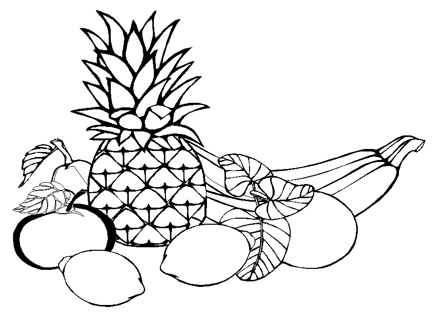 coloriage : fruits : ananas, pomme, citrons, banane